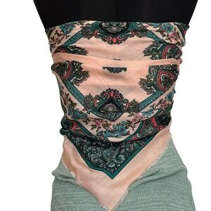 Vintage Glentex Scarf Peach Teal Paisley Floral Square Acrylic Made in Japan